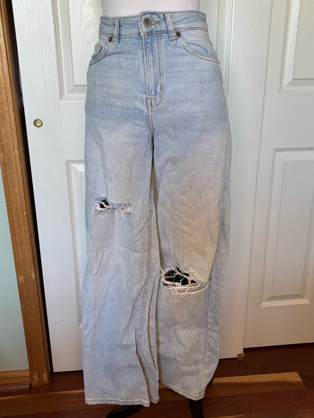 H&M Light Blue Distressed Wide-Leg Jeans